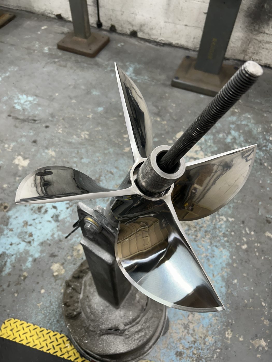 Stainless steel propeller with lab-finished, polished blades at PropWorx propeller shop