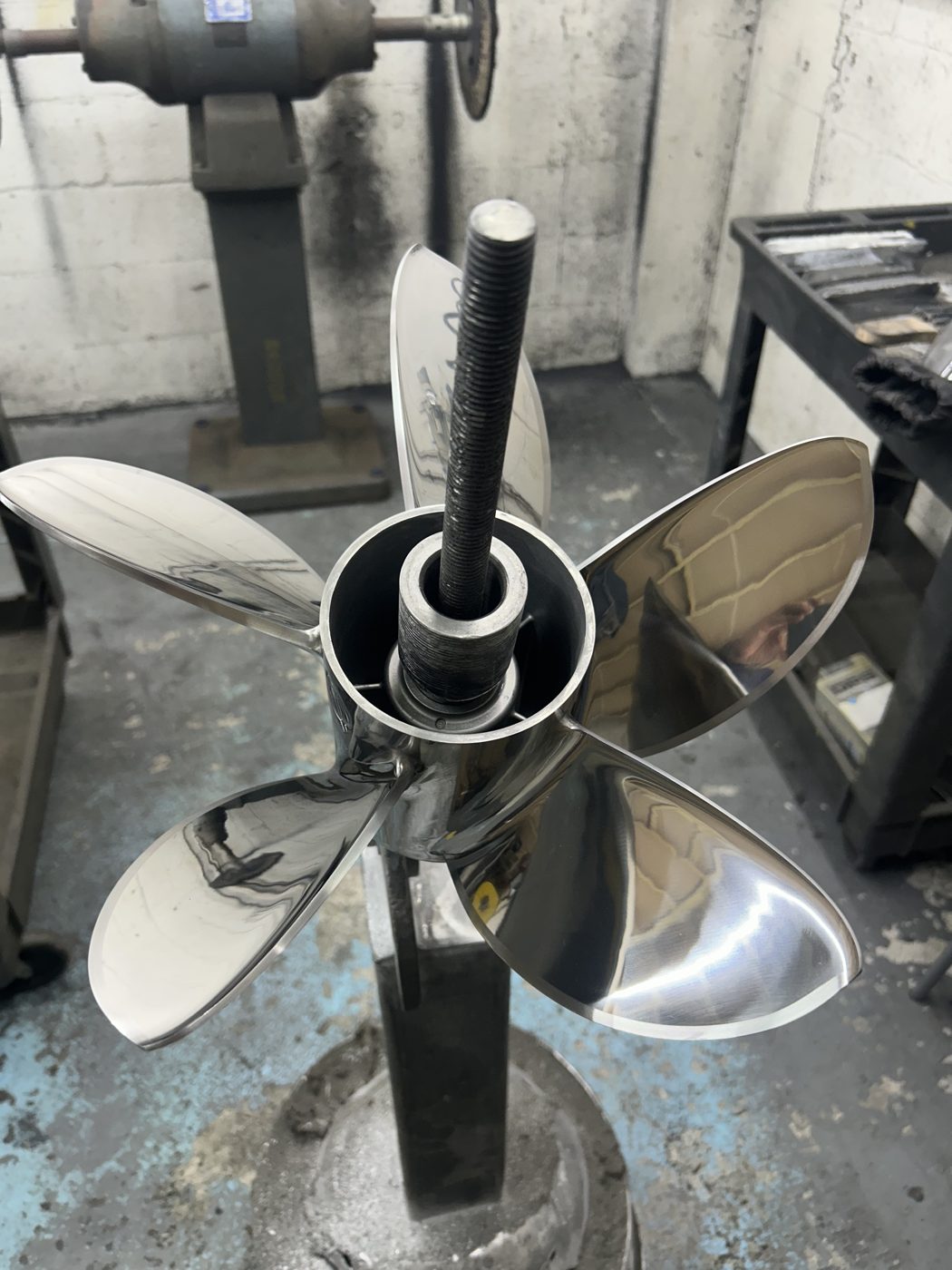 Polished stainless five-blade performance propeller restored at PropWorx, Fort Lauderdale